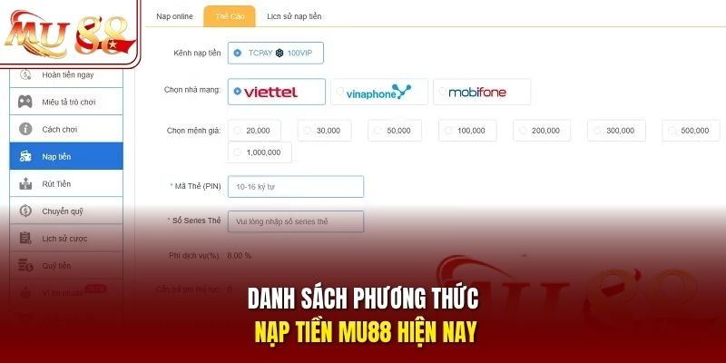 Danh sách phương thức nạp tiền mu88 hiện nay